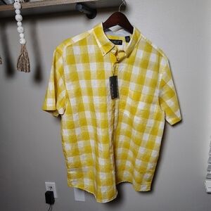 Roundtree & Yorke Yellow and White Gingham Short-Sleeve Button-Down Shirt